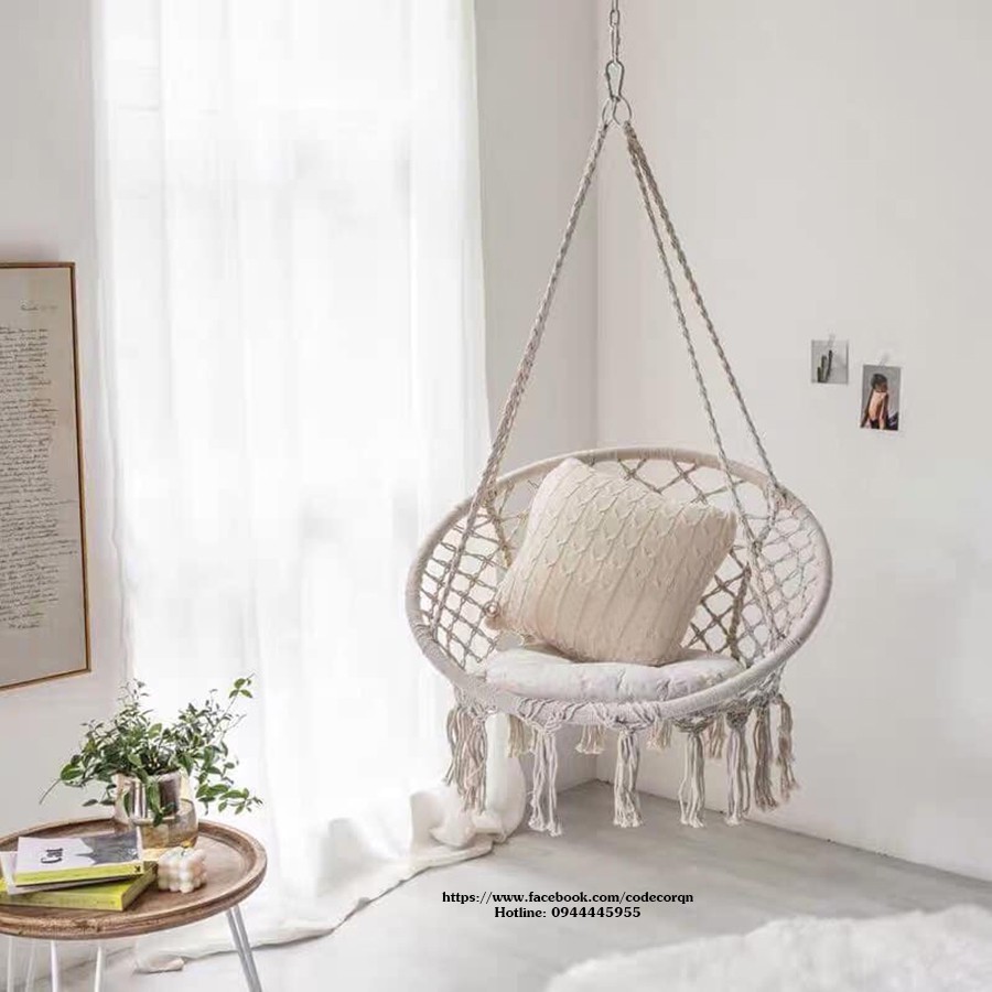 Xích đu mây đan 80 Macrame trắng (kèm phụ kiện treo)