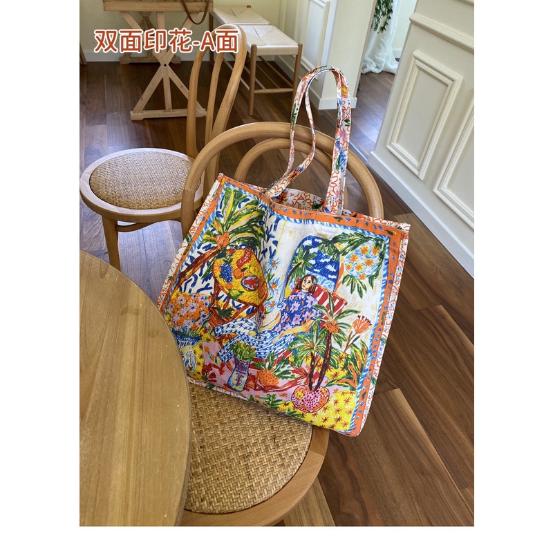 Túi Xách Canvas Hai Mặt Cỡ Lớn In Họa Tiết Hoa Thời Trang
