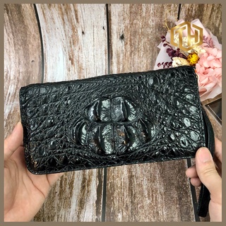 Clutch Da Cá Sấu Thật 1 Khóa - Clutch Cá Sấu Màu Đen 6 Gù, Ví Cầm Tay Có Ngăn Đựng Điện Thoại,  BH 24 Tháng