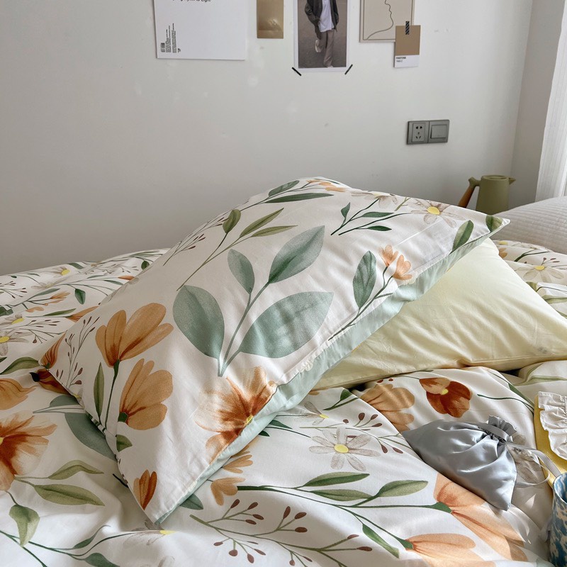 Bộ vỏ chăn ga gối 4 món Cotton Polyester hoa nâu