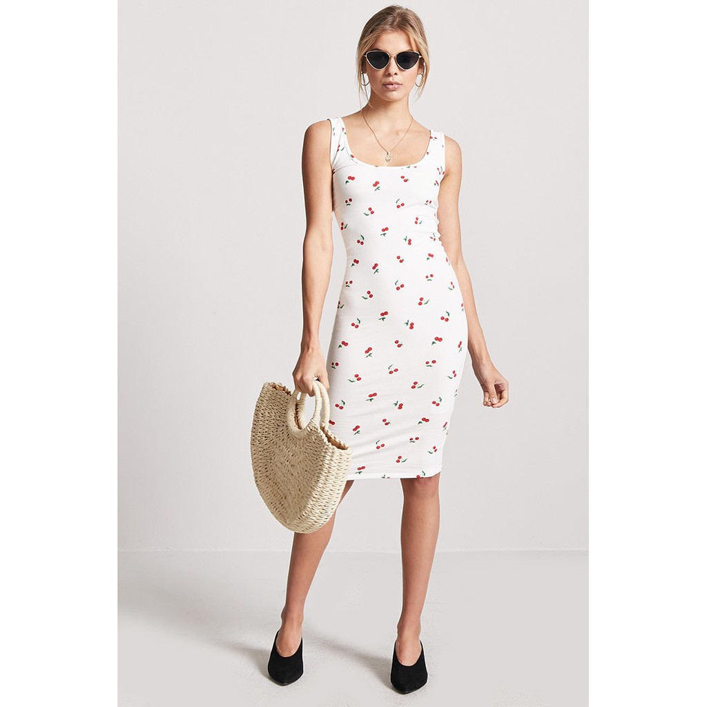 Đầm thun hai dây hình cherry F21 - FOREVER 21 Cherry Graphic Bodycon Dress