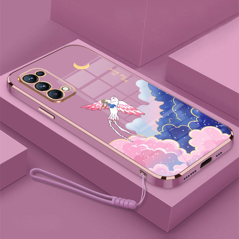 Ốp Điện Thoại Mềm Mạ Điện Họa Tiết Hoạt Hình Kèm Dây Đeo Cho oppo reno 4 reno 5 reno 6 4g reno 6 5g reno2 f reno 3 reno 2