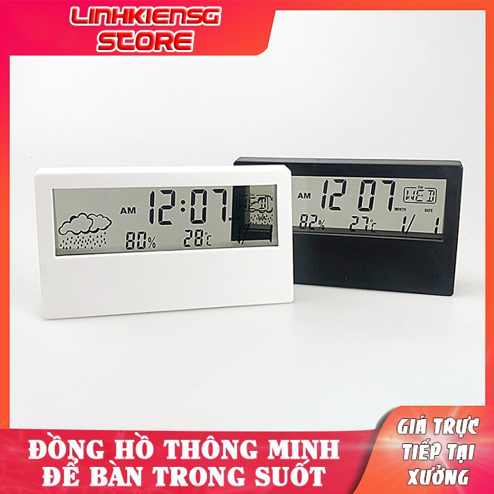 Đồng hồ thông minh để bàn mini màn hình trong suốt tích hợp xem giờ, ngày tháng, đo nhiệt độ ẩm