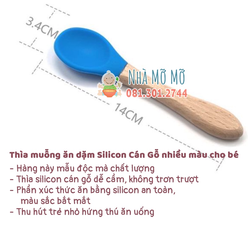 Thìa muỗng silicon cán gỗ cho bé tập múc ăn dặm giúp bé xúc cơm dễ dàng - Nhà Mỡ