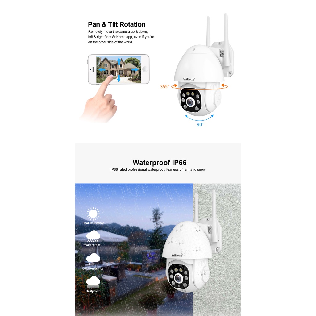 Camera IP Wifi ngoài trời PTZ SriHome SH039B 3.0MP góc siêu rộng FullHD 1296P, Xoay 360 độ, chống nước IP66