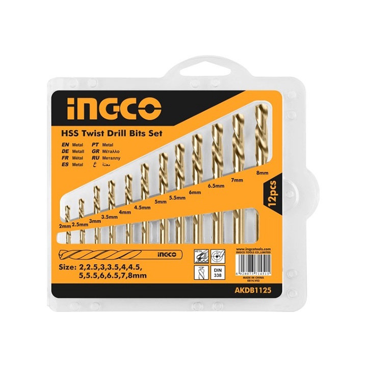 2-8mm Bộ 12 mũi khoan kim loại HSS INGCO AKDB1125