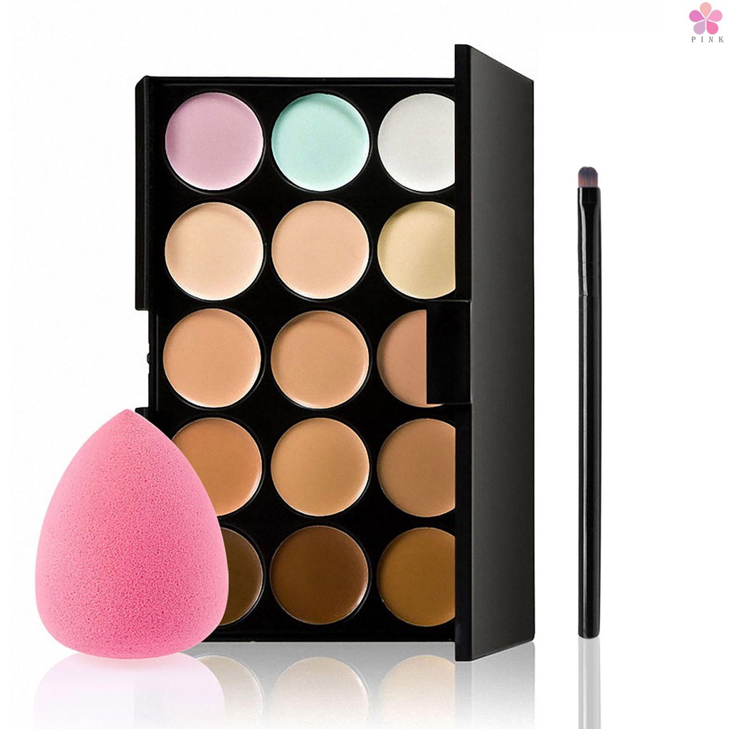 Bảng kem che khuyết điểm 15 màu kèm cọ và mút trang điểm tiện dụng