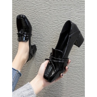 Giày Loafer cao gót, giày lười nữ công sở mũi vuông trơn búp bê