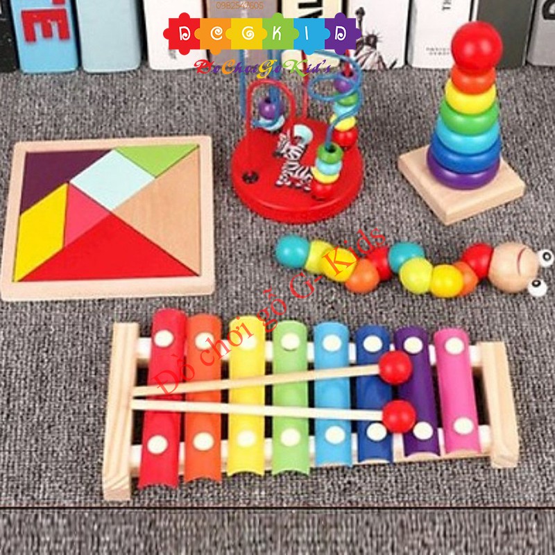 Combo đồ chơi gỗ đồ chơi thông minh phát triển trí tuệ cho bé 5 món đàn, sâu, tháp, luồn hạt, tangram