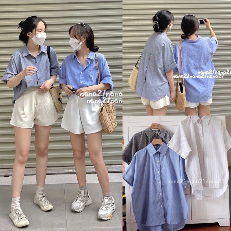 Áo sơ mi kẻ cách điệu hàng khuy sau ĐEN/TRẮNG/XANH Nana21 Nanastore21