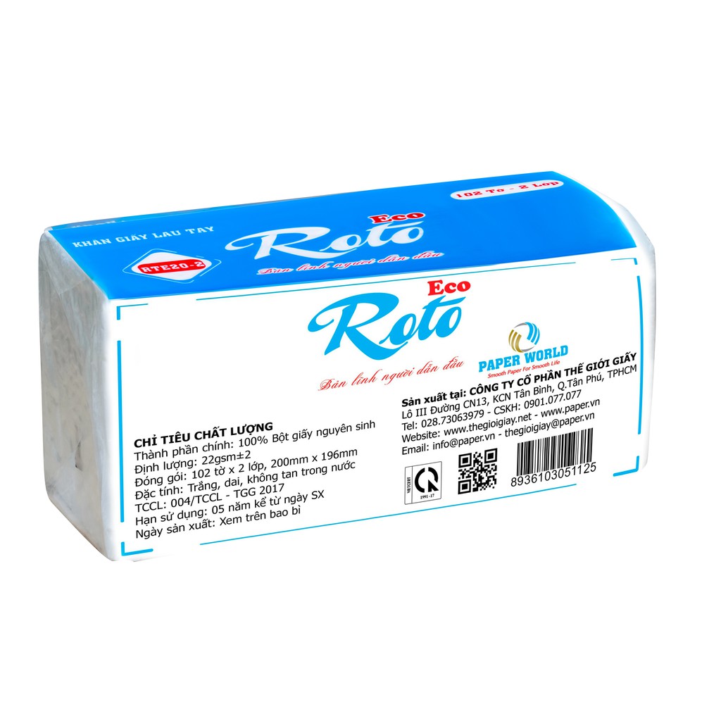 Khăn giấy rút lau tay đa năng 2 lớp 102 tờ ROTO ECO| Thế Giới Giấy | 100% bột giấy nguyên sinh | RTE20-2.