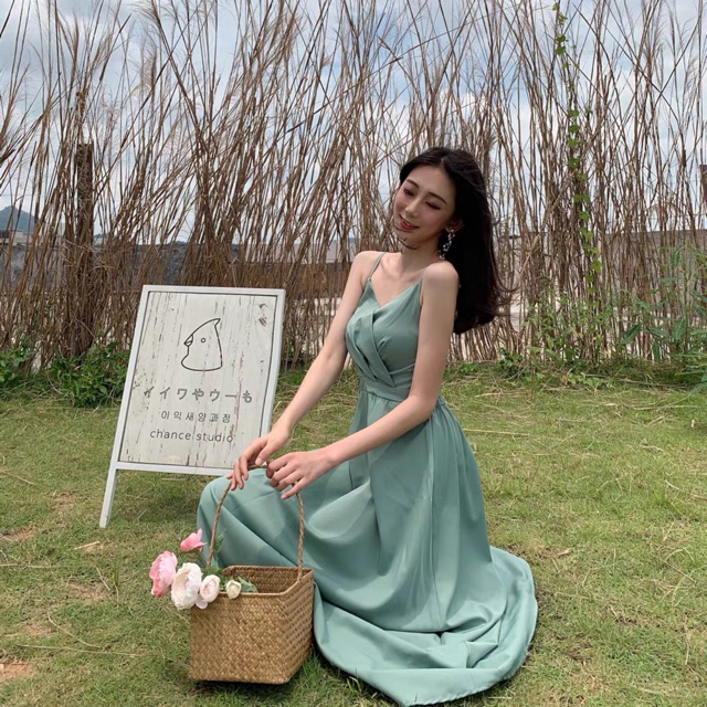 (Ảnh thật)(sẵn xanh mint) Váy đầm maxi 2 dây dáng dài xếp ly ngực cổ V bo chun lưng tiểu thư vintage boho nhiều màu