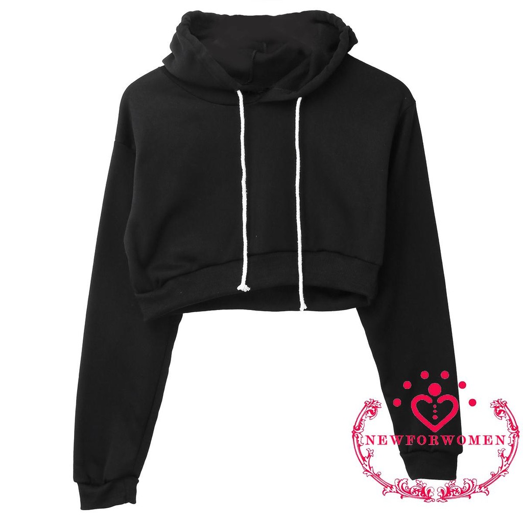 Áo hoodie kiểu croptop tay dài có mũ trùm đầu màu trơn dành cho nữ