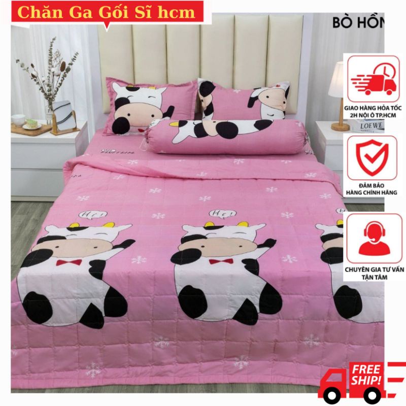 Ga trải giường mẫu Bò Hồng, drap trải giường mẫu Bò Hồng kích thước 1m2x2m, chăn ga gối sỉ HCM có bọc chun