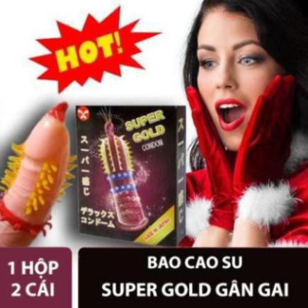 Bao Cao Su SUPER GOLD Cao Cấp Có Gân Gai Lớn, Hộp 2Cái. Bcs Gai Gân Kéo Dài Thời Gian Quan Hệ, Đem Cực Khoái Cho Cả 2.