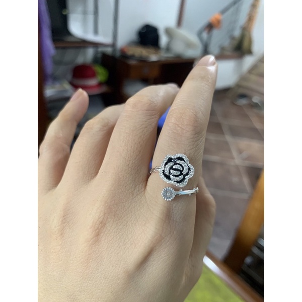 Bộ hoa hồng nạm đá cz đen xinh đẹp bạc chuẩn