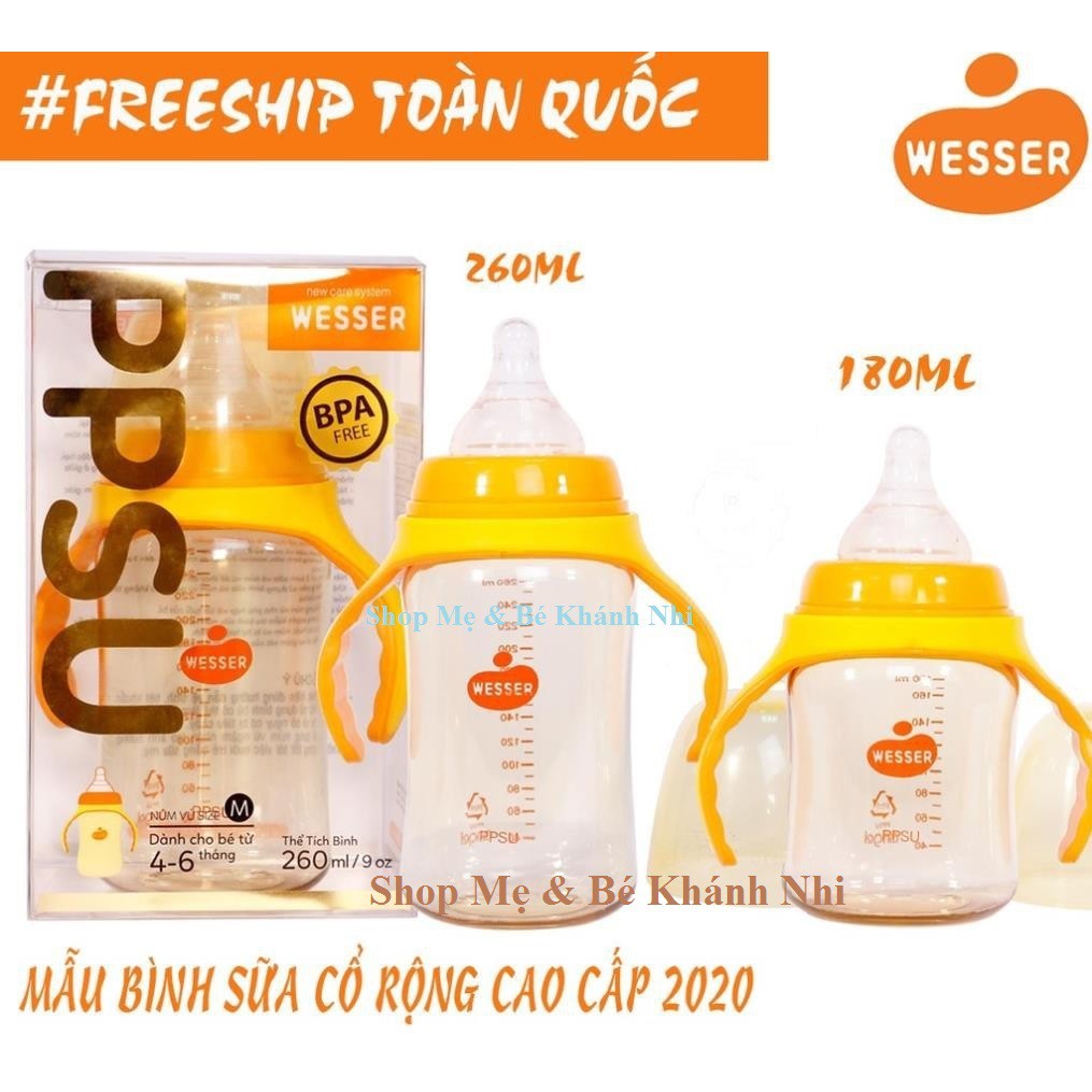 Bình Sữa Wesser Cổ Rộng PPSU 180ml/260ml 🎀 FREESHIP 🎀 Bình Sữa Cổ Rộng Wesser PPSU 180/260ml