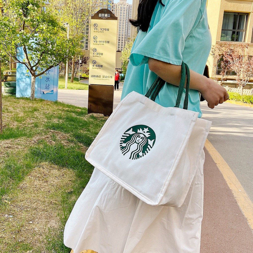 Túi Vải Họa Tiết Starbucks, Túi Denim Canvas Nữ Thời Trang