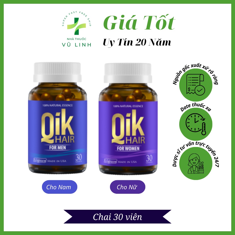 Viên uống QIK HAIR (cho Nam / cho Nữ) giảm rụng, mọc tóc chắc khỏe (30 viên)