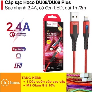 Dây Sạc Iphone DU08/DU08 Plus💎Dây Dù + Đèn LED💎Dây Sạc Hoco Lightning Sạc nhanh 2.4A có dành cho iPhone/iPad, Dài 1M/2M