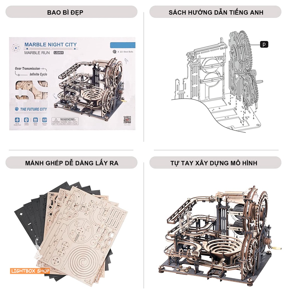 Mô hình ROKR Cơ động học Robotime. Đồ chơi Lắp ráp bằng gỗ 3D Marble Night City LGA01 Marble Run.
