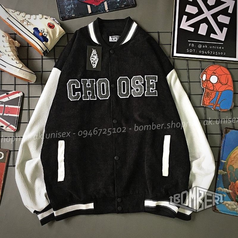 Áo Bomber Thêu chữ CHOOSE chất liệu nhung tăm cực dễ phối đồ, Áo Khoác Unisex Nam Nữ 2 LỚP (SỈ RẺ IB)