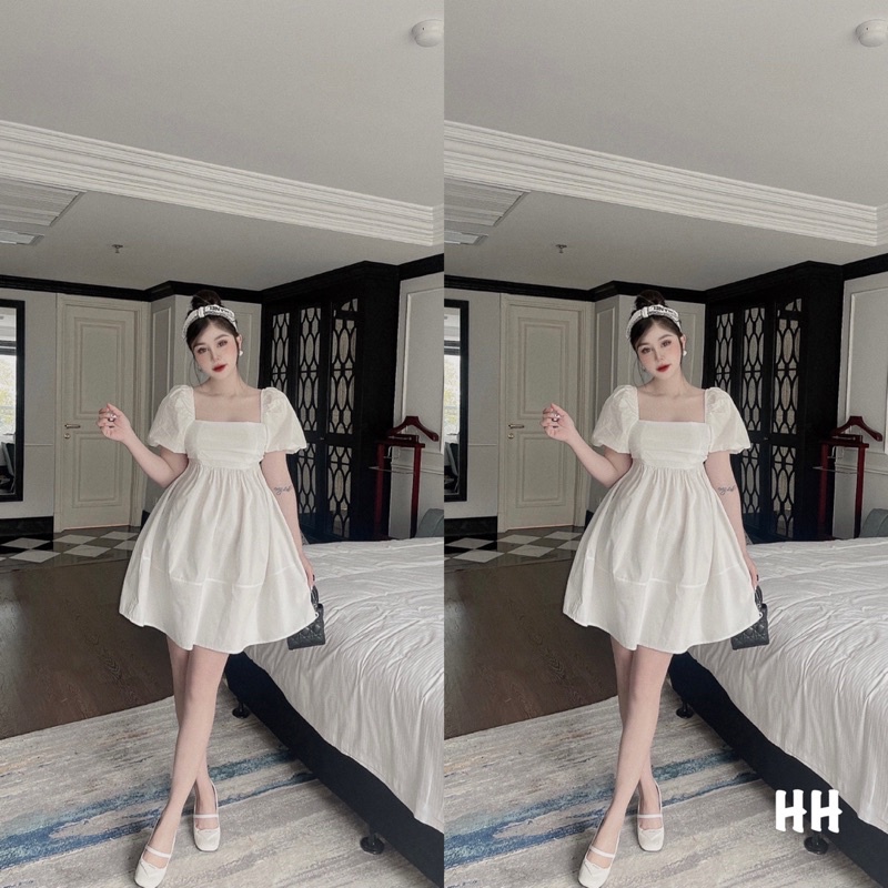Đầm Babydoll Nữ, Váy Cổ Vuông Tay Bồng Xếp Li Ngực Dáng Xòe Thắt Nơ Lưng Cực Xinh