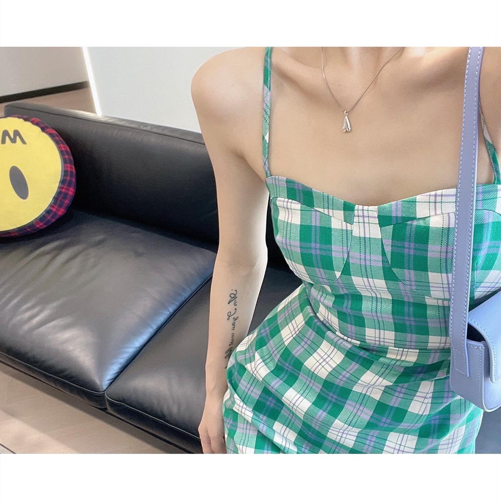 Đầm Hai Dây Dáng Ôm Họa Tiết Sọc Caro Thời Trang Mùa Hè Cho Nữ