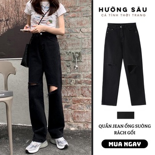 Quần jean ống suông Rách gối lưng cao may gấu