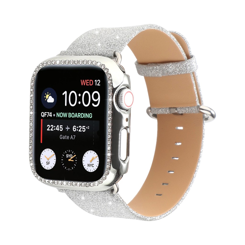 Dây Đeo Bằng Da Đính Đá Lấp Lánh Cho Đồng Hồ Thông Minh Apple Watch Series 6 / Se / 5 / 4 / 3 / 2 / 1 Iwatch 38mm 40mm 42mm 44mm