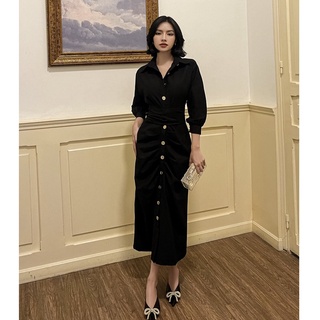 Đầm sơ mi dài nhún ly buộc eo , Peace House Clothing