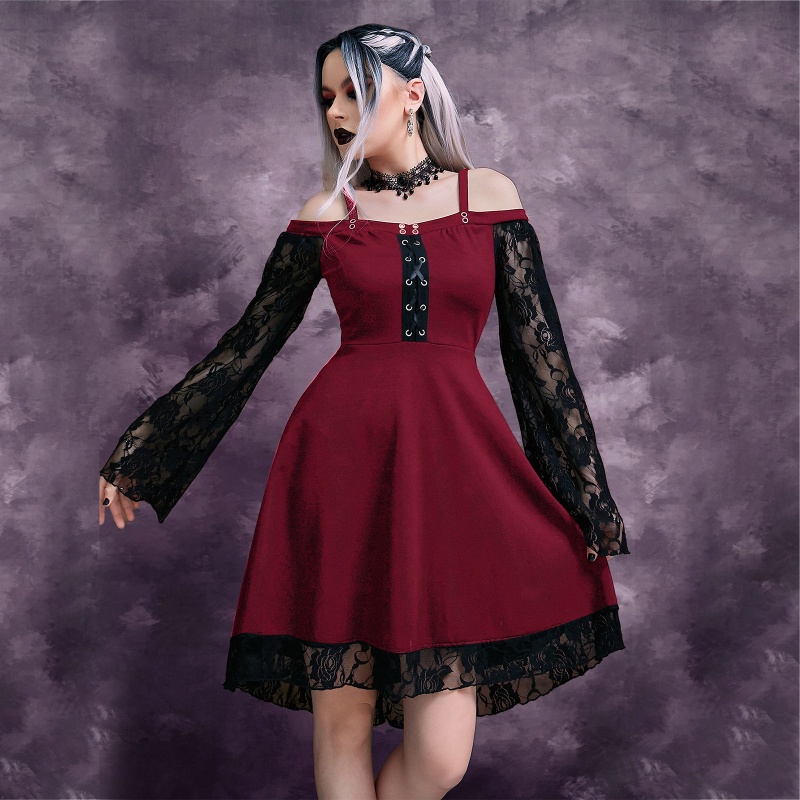 Youyo Đầm Midi Dáng Chữ A Xếp Ly Tay Chuông Phối Ren Phong Cách Harajuku Gothic Đường Phố Dự Tiệc Cho Nữ
