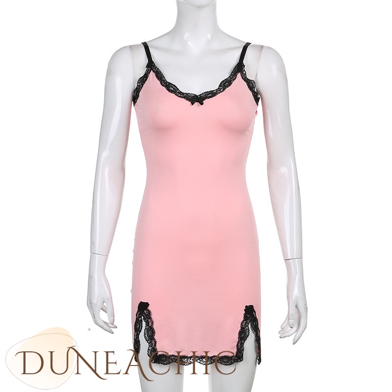 DUNEA Đầm Hai Dây Phối Ren Thiết Kế Xẻ Tà Quyến Rũ Thời Trang
