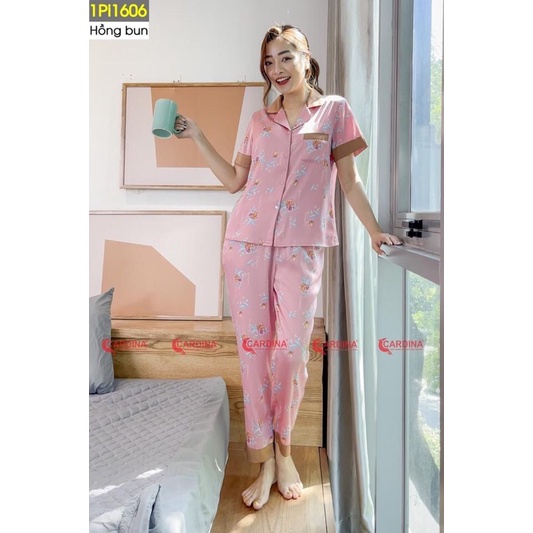 Bộ Pijama ngắn tay hoạ tiết CARDINA chất lụa Satin nhật cao cấp co giãn nhẹ
