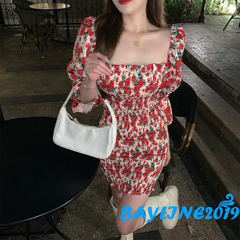 Đầm Ôm Dáng Tay Lửng Cổ Vuông In Họa Tiết Hoa Dành Cho Nữ