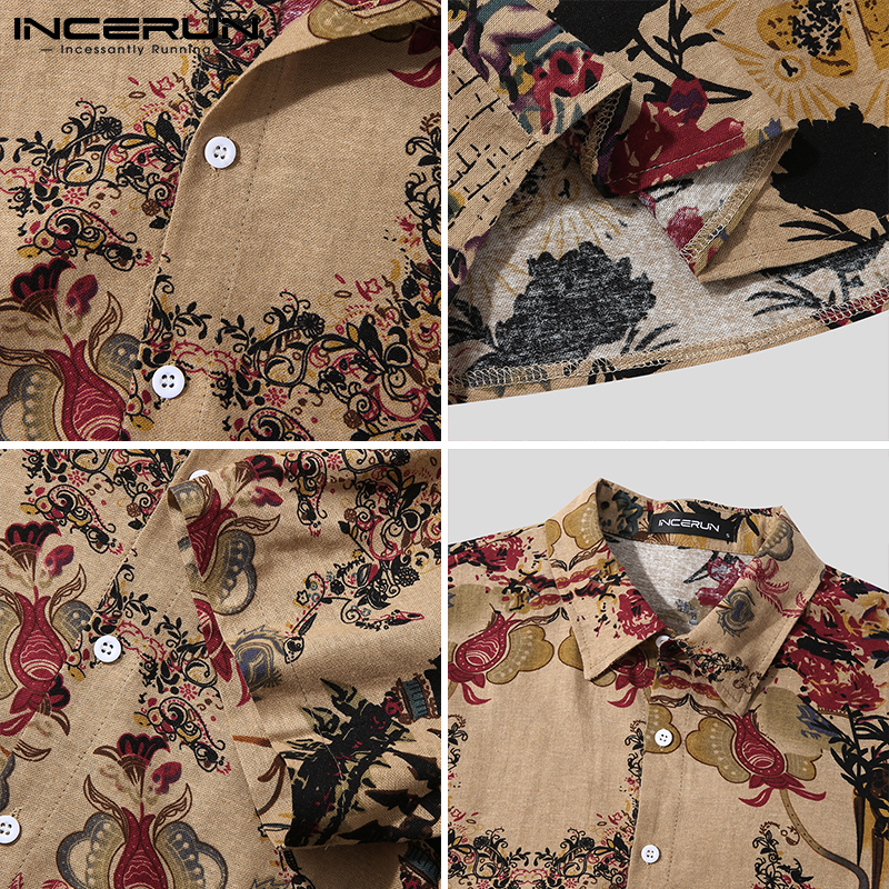 Áo Sơ Mi INCERUN Bằng Cotton Tay Ngắn Họa Tiết In Phong Cách Dân Tộc Cho Nam