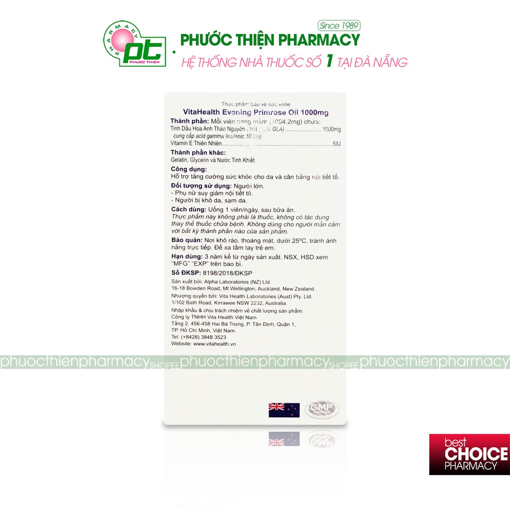 Viên uống tinh dầu hoa anh thảo Vitahealth Evening Primrose Oil 1000mg tăng cường nội tiết tố nữ, đẹp da lọ 60 viên