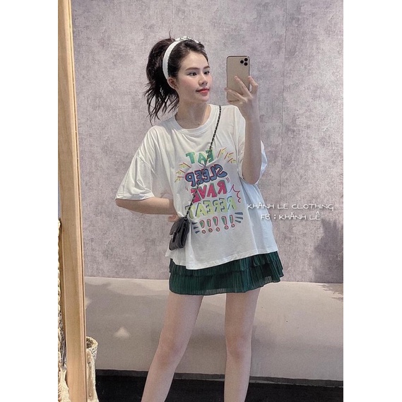 Set áo pull trắng chữ EAT + chân váy ly tầng