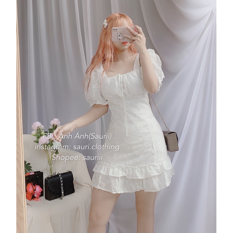 Váy bánh bèo trắng ren nổi vintage retro công chúa Đầm xoè ulzzang tiểu thư cổ vuông tay bồng hở lưng xinh xắn dạo phố