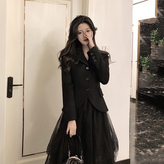 Set áo khoác blazer+ chân váy ren đen