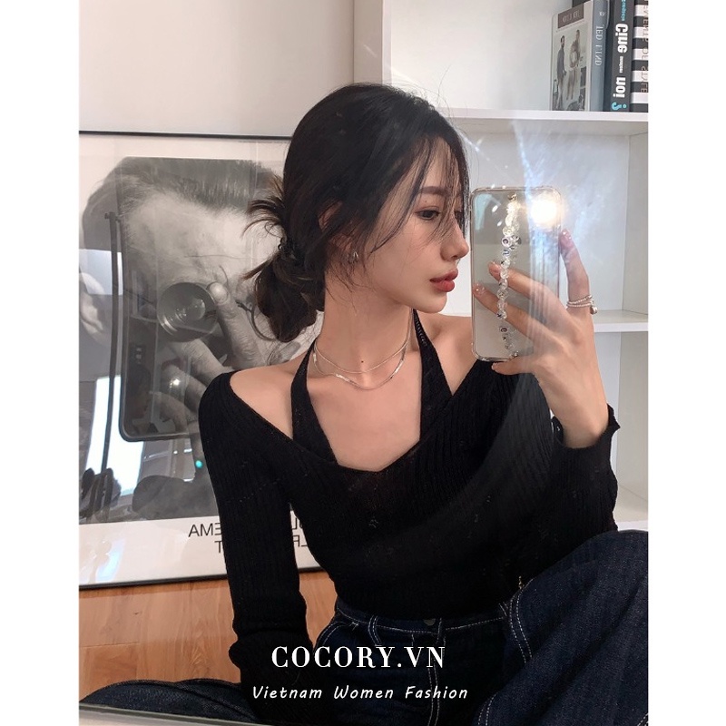Cocory vn Áo sweater dệt kim trễ vai kiểu dáng thời trang quyến rũ với 3 màu sắc