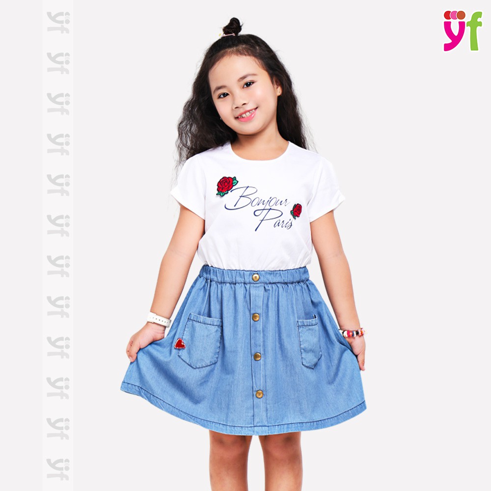 Đầm xòe cho bé tùng jean YF, nhiều màu, vải cotton thấm hút tốt 9DX539