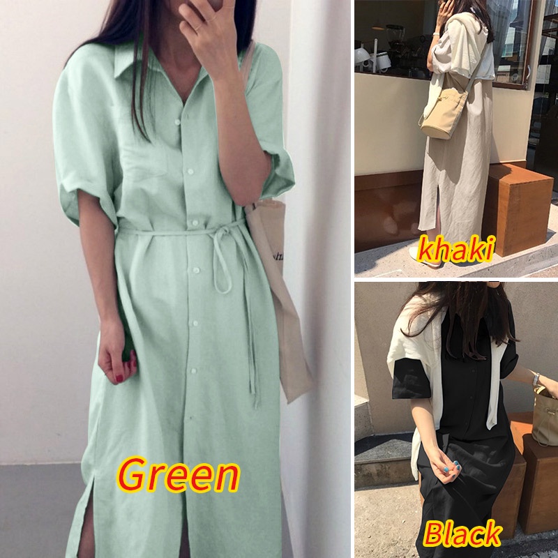 Đầm dài ZANZEA xẻ tà cổ bẻ gài nút tay lỡ thời trang cho nữ