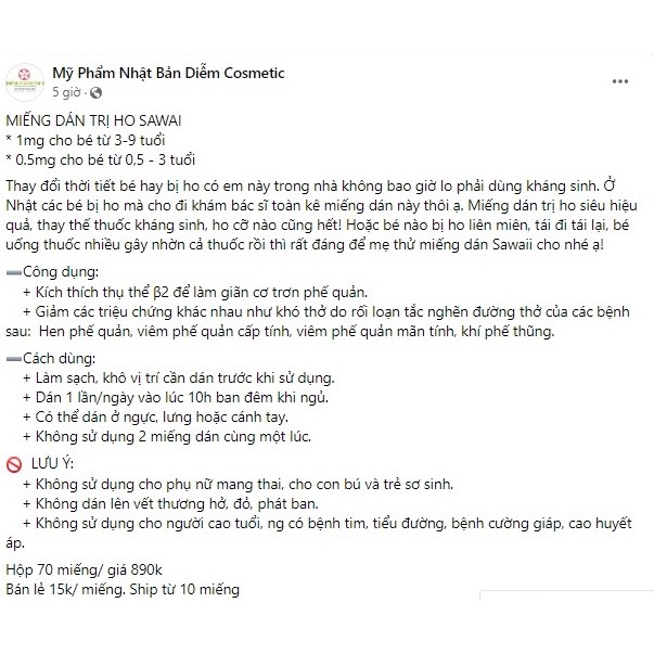 Miếng dán ho Sawai