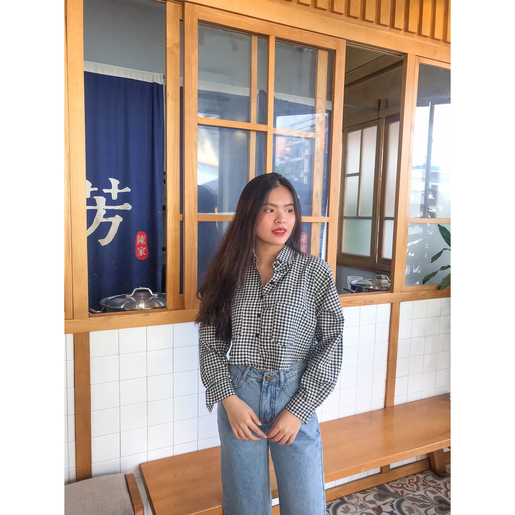 ÁO SƠ MI CARO CROPTOP TAY DÀI 2 TÚI