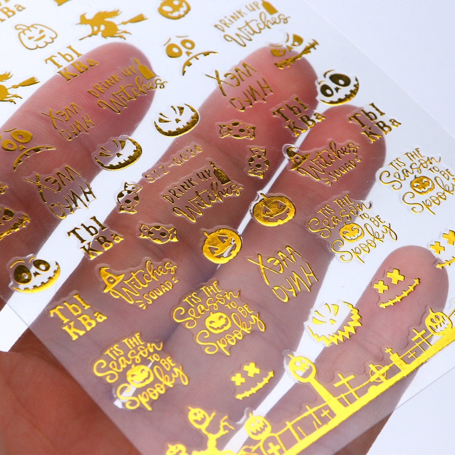 2022 Miếng Dán Móng Tay Hình Đầu Lâu 3D Màu Vàng Đen Phong Cách Halloween
