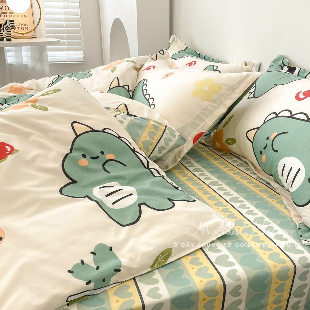 BỘ CHĂN GA GỐI POLY COTTON HỌA TIẾT KHỦNG LONG CÀ CHUA CỰC XINH, DRAP GIƯỜNG ĐẸP MOCHI HOUSE