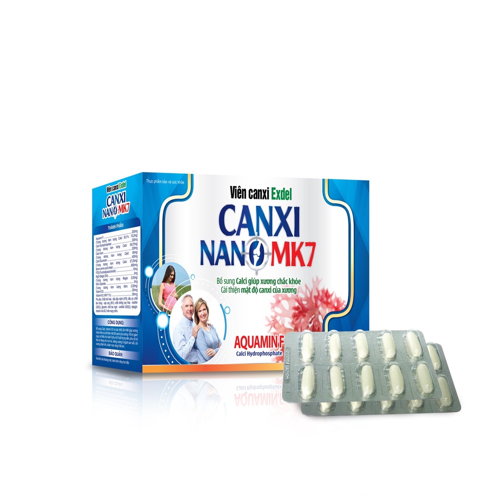 Viên Canxi Exdel CANXI NANO MK7 Bổ sung Calci và các chất cần thiết giúp xương chắc khỏe, hộp 30 viên, lọ 60 viên