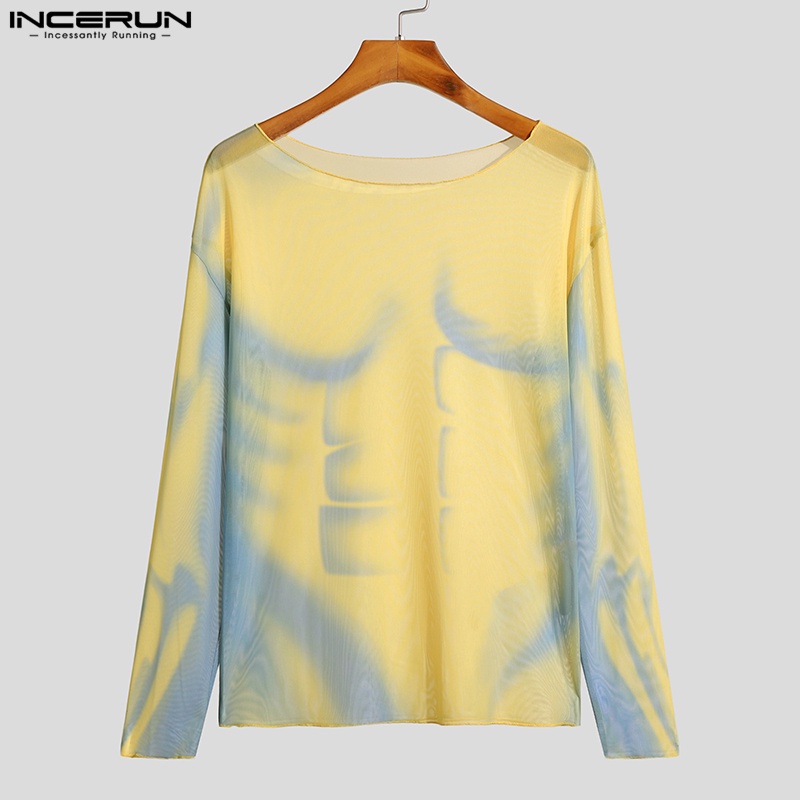 INCERUN Áo Thun Tay Dài Cổ Tròn In Hình Cơ Bắp Phối Lưới Thời Trang Cho Nam