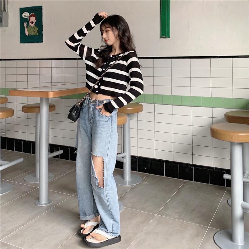 Set Áo Khoác Cardigan Dài Tay Và Đầm Hai Dây Họa Tiết Sọc Ngang Thời Trang Dành Cho Nữ